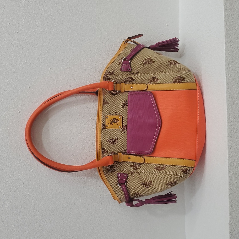 Stylish Orange and Tan Shoulder Bag with Pink Accents